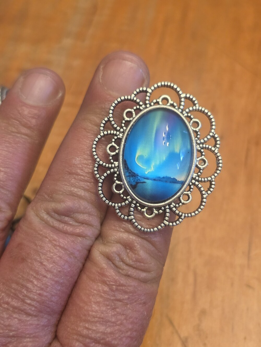 Statement ring w oval cabochon w northern lights, filigree Ring, Adjustable Size